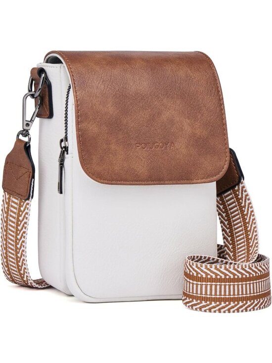 Handbags - POIUGOYA Women's Beige Brown Leather Triple Compartment Cell Phone Crossbody Bag
